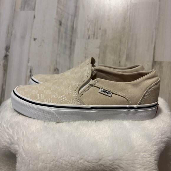 VANS Women's Size 7.5 Checkerboard Slip On Canvas Sneakers Tan/White - Picture 4 of 9